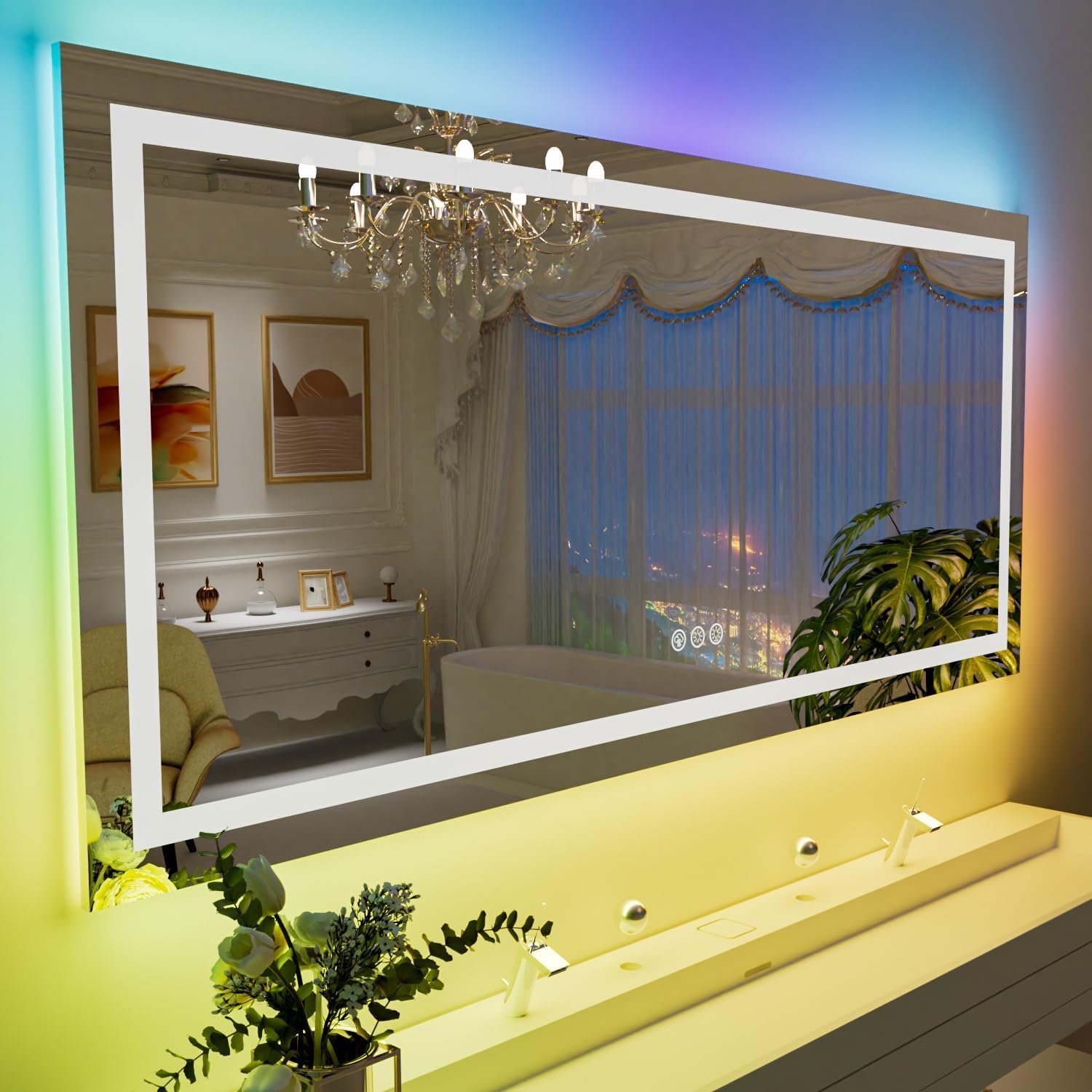LOAAO rectangular bathroom mirror with RGB backlighting and a front LED light