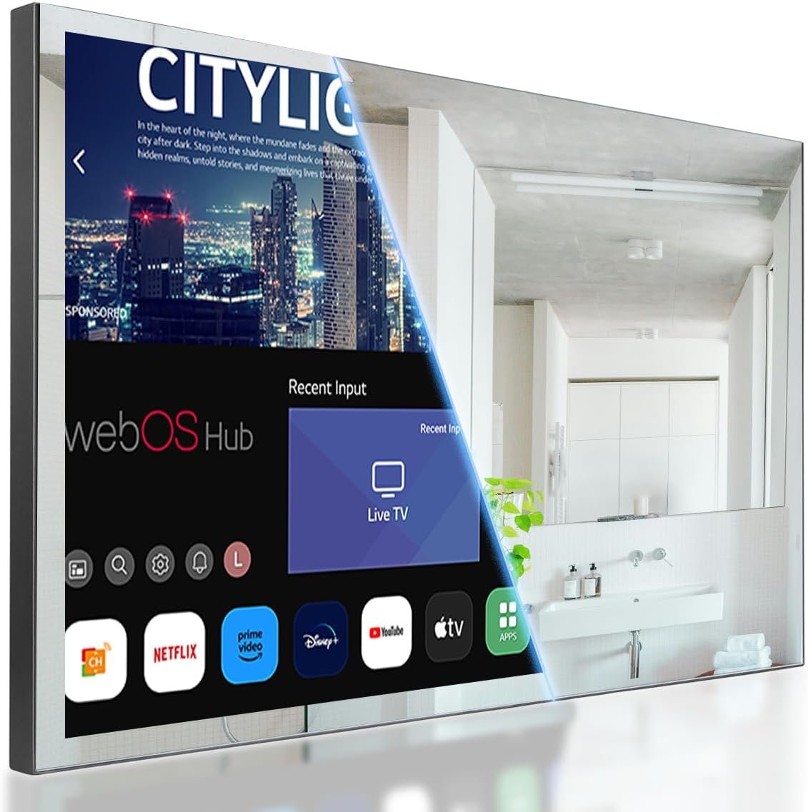 Soulaca smart mirror showing its 4K television display and reflective mirror surface